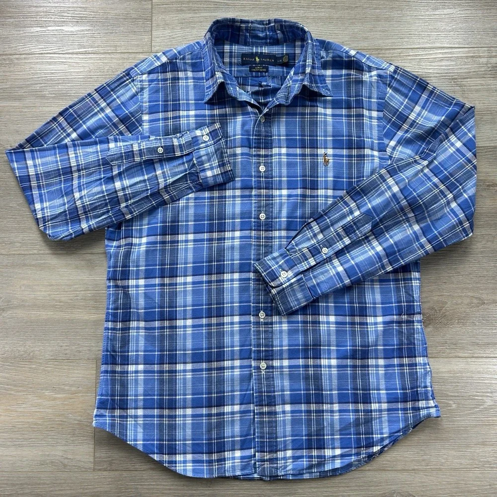 Polo Ralph Lauren Large Slim Fit Stretch Oxford Blue White Plaid Button Down